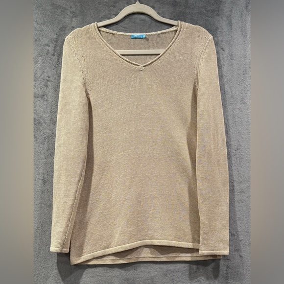J McLaughlin Open Knit Sweater Womens Medium V Neck Long Sleeve Pullover Tan - Picture 1 of 9